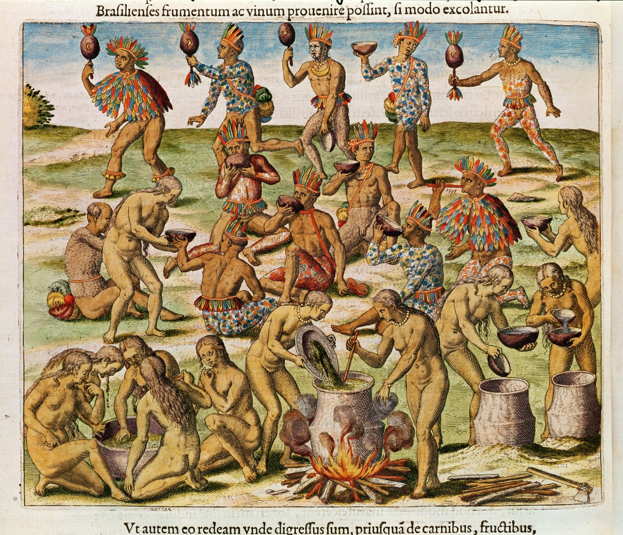 Navigatie naar Brazilië, Bereiding van een Drank gemaakt van Maïs en Tarwe (pagina 486), 1563 door Theodore de Bry