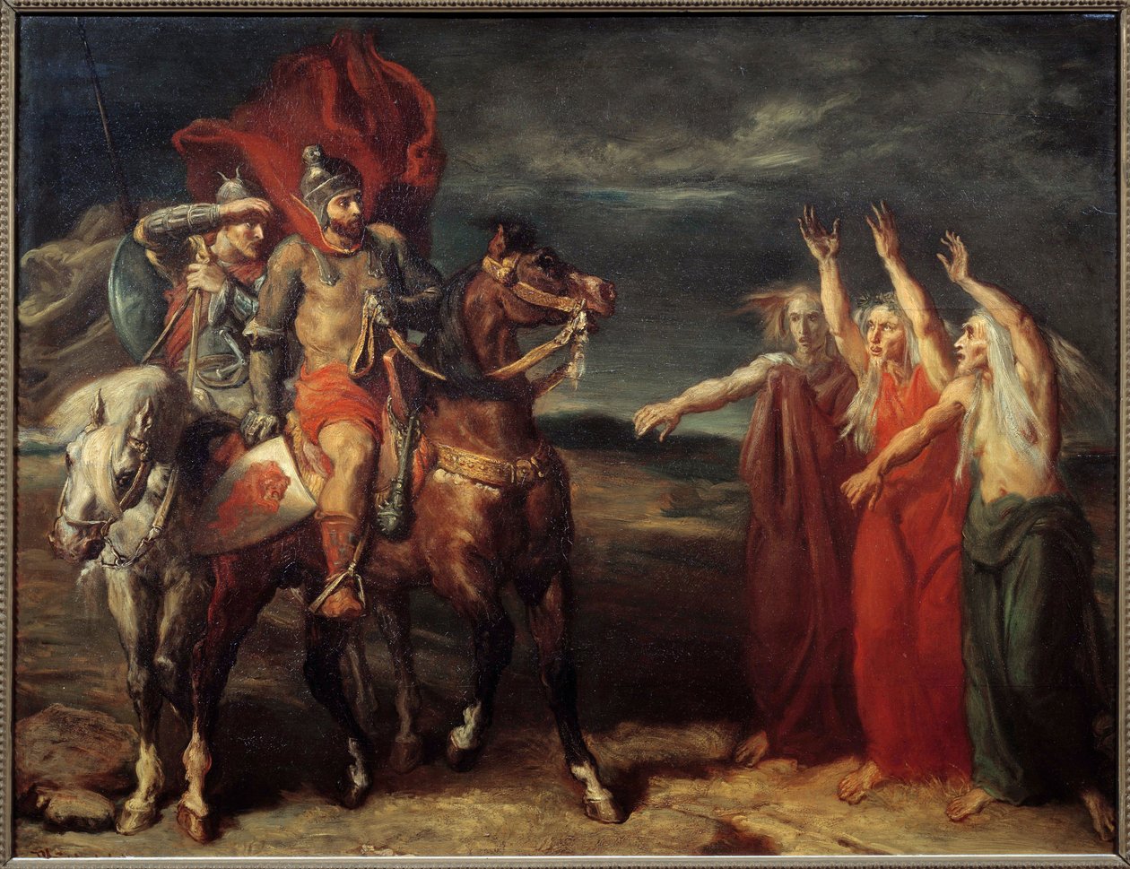 Macbeth en de drie heksen Illustratie van scène 3 van acte I van het toneelstuk 