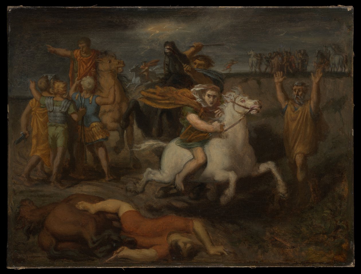 Scène uit de Gallische Oorlog: de Galliër Littavicus, die de Romeinse zaak verraadt, vlucht naar Gergovie om Vercingétorix te steunen door Théodore Chassériau
