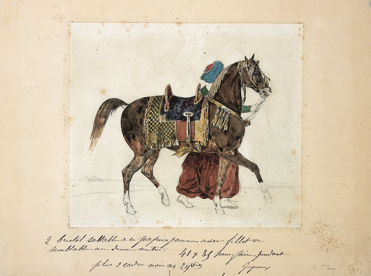 Een aangespannen paard geleid door een mameluk, twee piramides op de achtergrond door Theodore Gericault