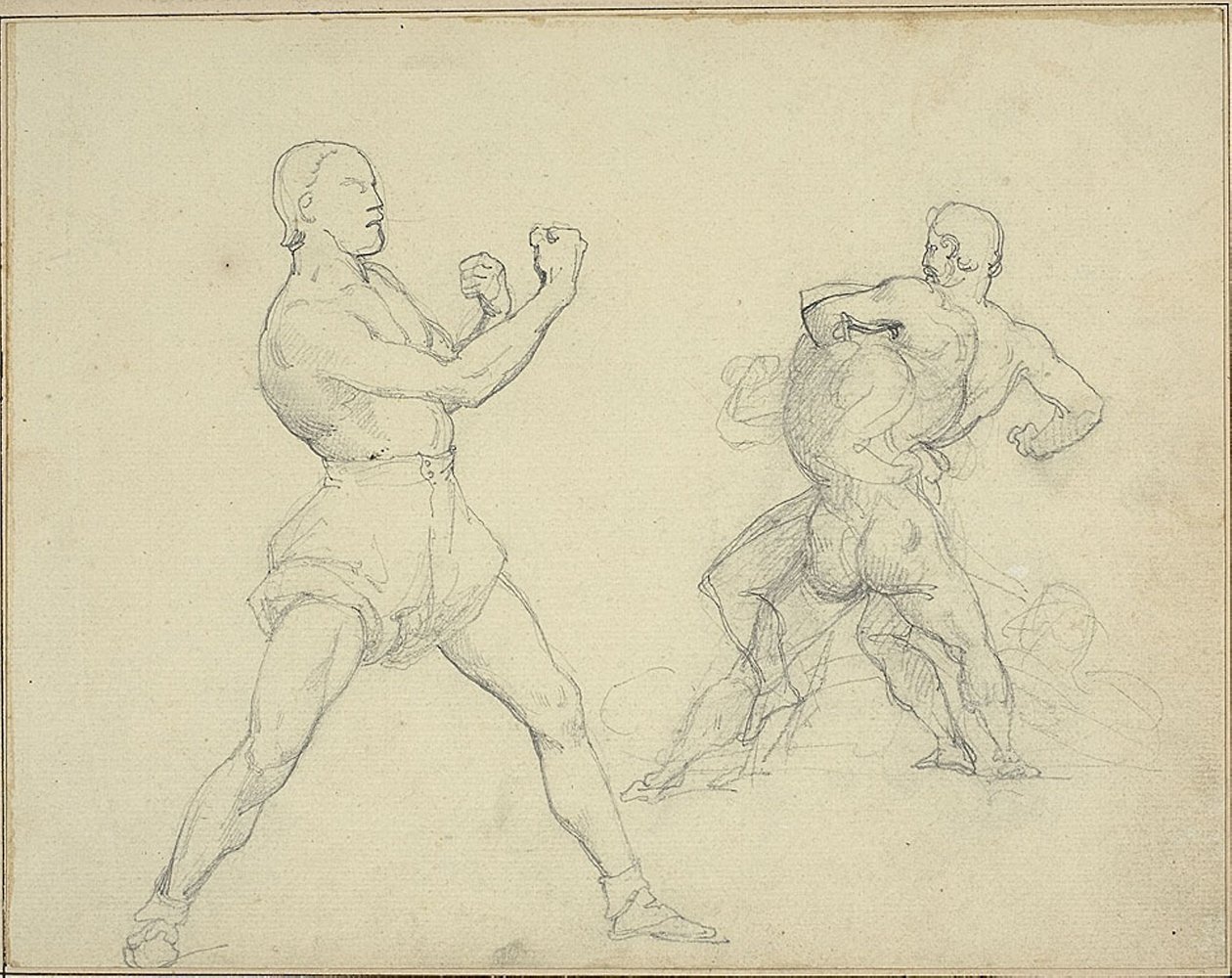 Bokser naar rechts en twee mannen worstelen door Theodore Gericault