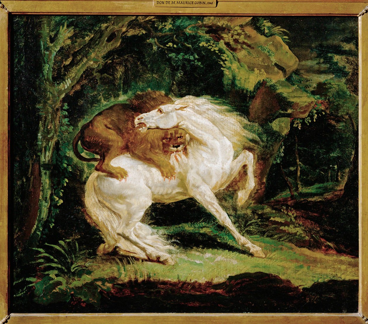 Cheval attaque par un lion - een paard aangevallen door een leeuw, naar een ets van Laurie en een schilderij van George Stubbs ... door Theodore Gericault