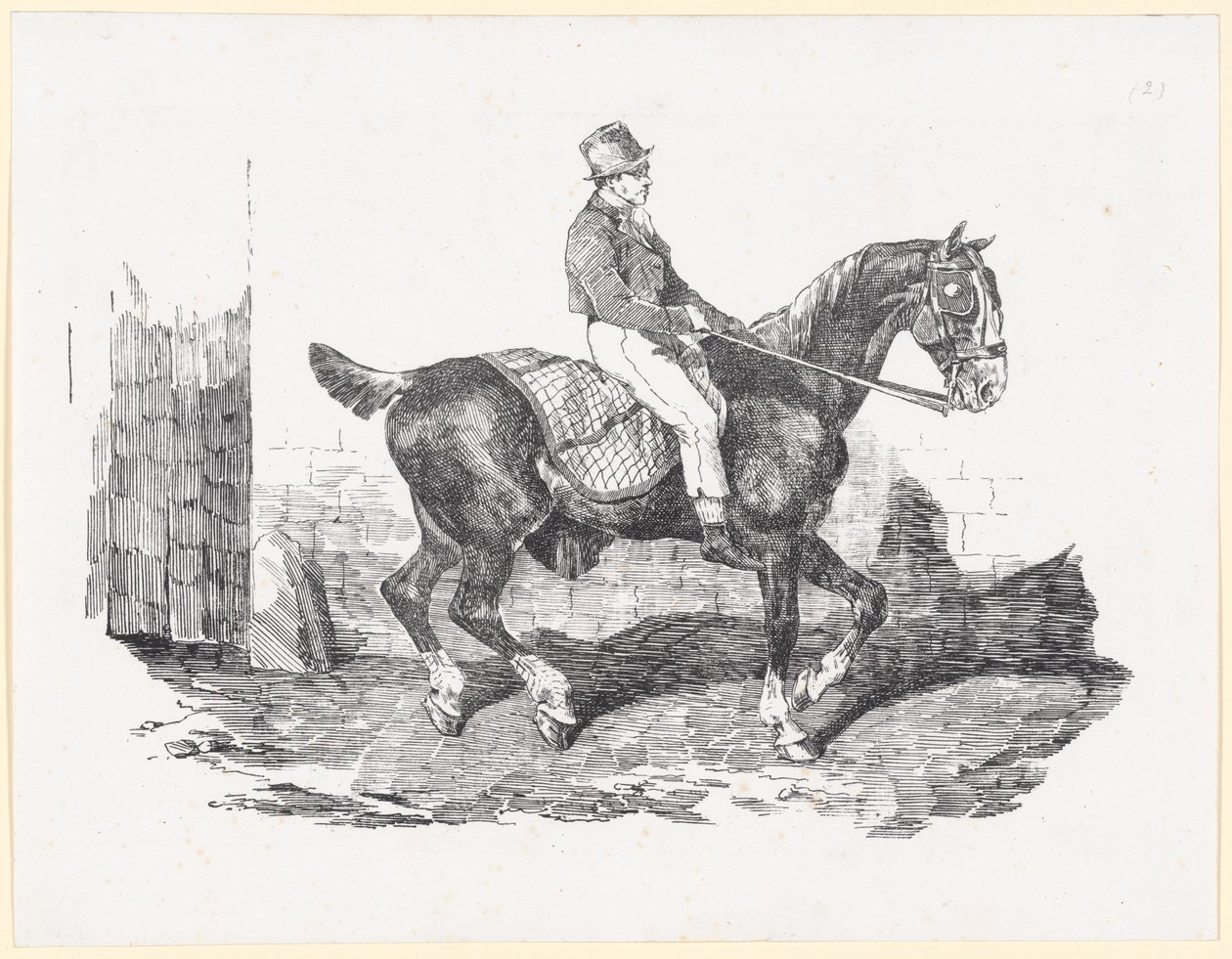 Koetspaard bereden door een stalknecht, ook wel Engels paard met een geruite deken genoemd (Carriage Horse Ridden by a Groom, also called English Horse with a Checkered Blanket) door Theodore Gericault