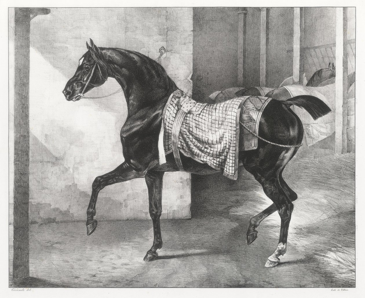 Een zwart paard vastgebonden in een stal (A Black Horse Tethered in a Stable) door Theodore Gericault
