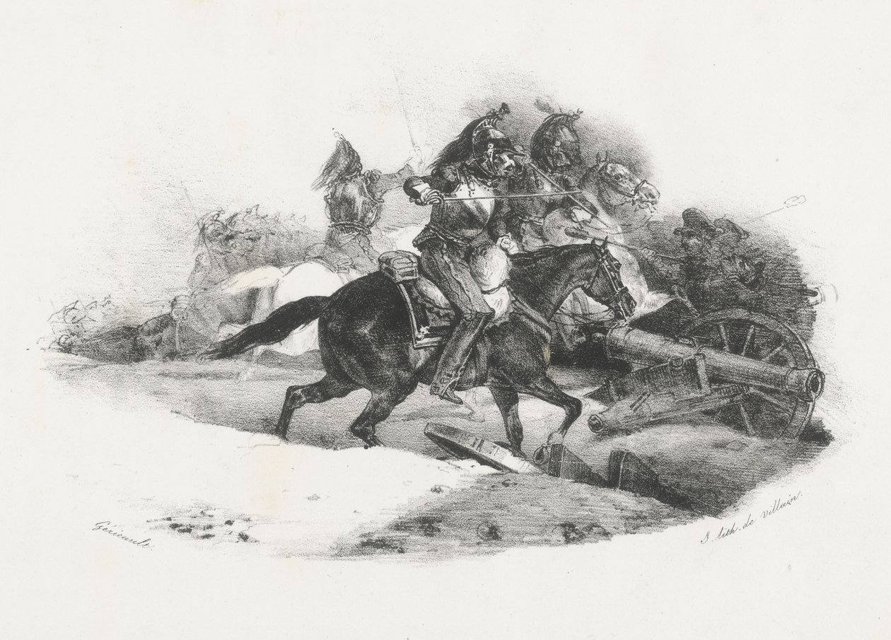 Kurassiers die een artillerie-batterij bestormen (Cuirassiers Charging An Artillery Battery) door Theodore Gericault