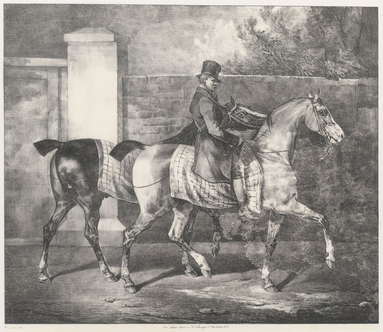 Twee paarden die door een jockey worden uitgelaten (A Groom Exercising Two Horses) door Theodore Gericault