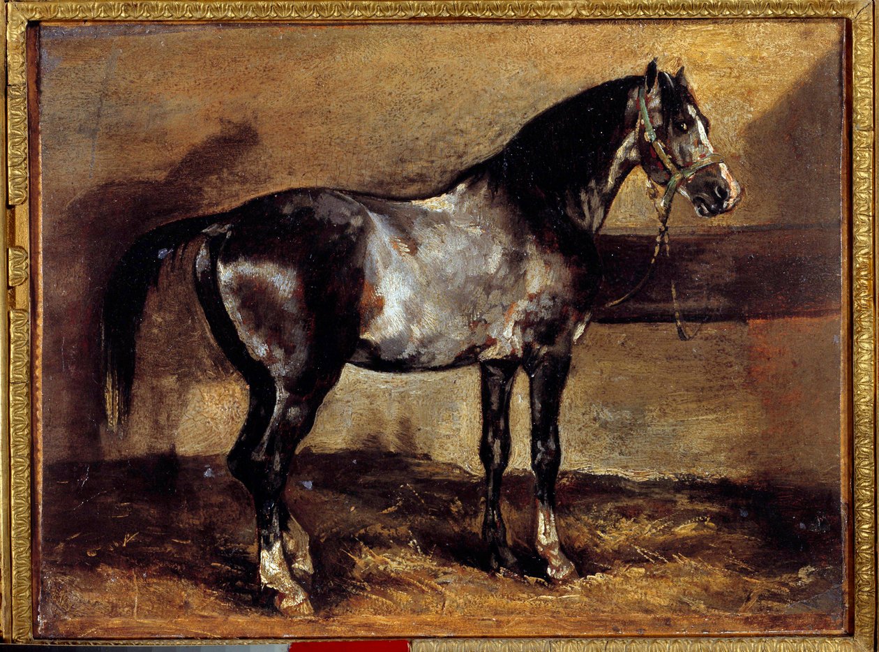 Grijs paard bij de voederbak Schilderij door Théodore Géricault (1791-1824) 19e eeuw door Theodore Gericault