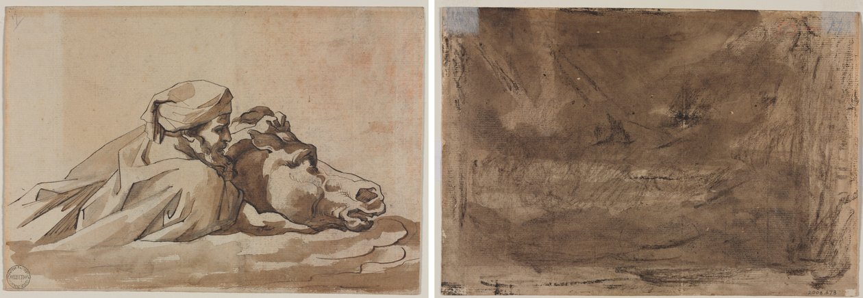 Géricault - Man die een paard in het water houdt, naar Poussins Zondvloed (recto); compositiestudie (mogelijk voor Poussins Zondvloed) (verso), ca. 1816 door Theodore Gericault