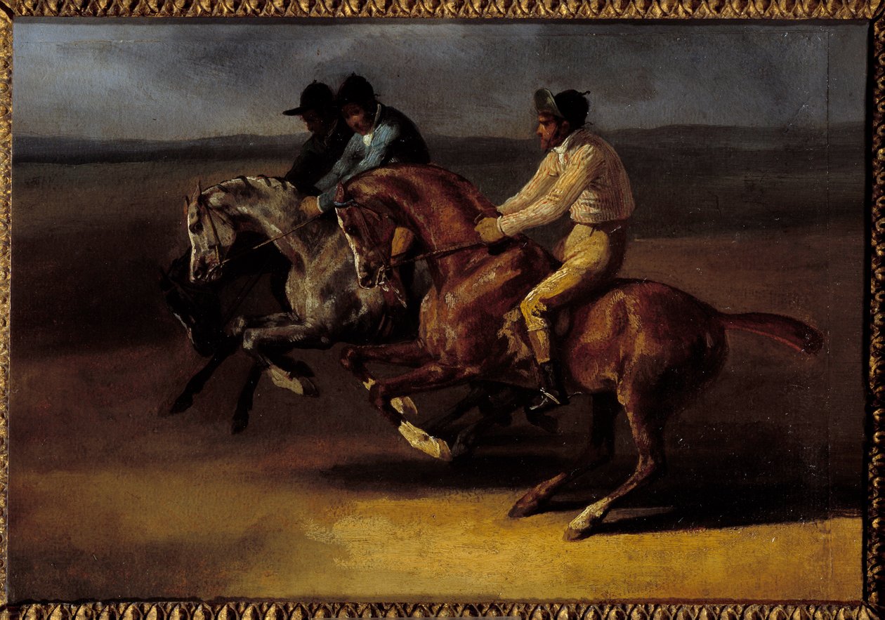 Paardenrace naar links op het moment van de start door Theodore Gericault