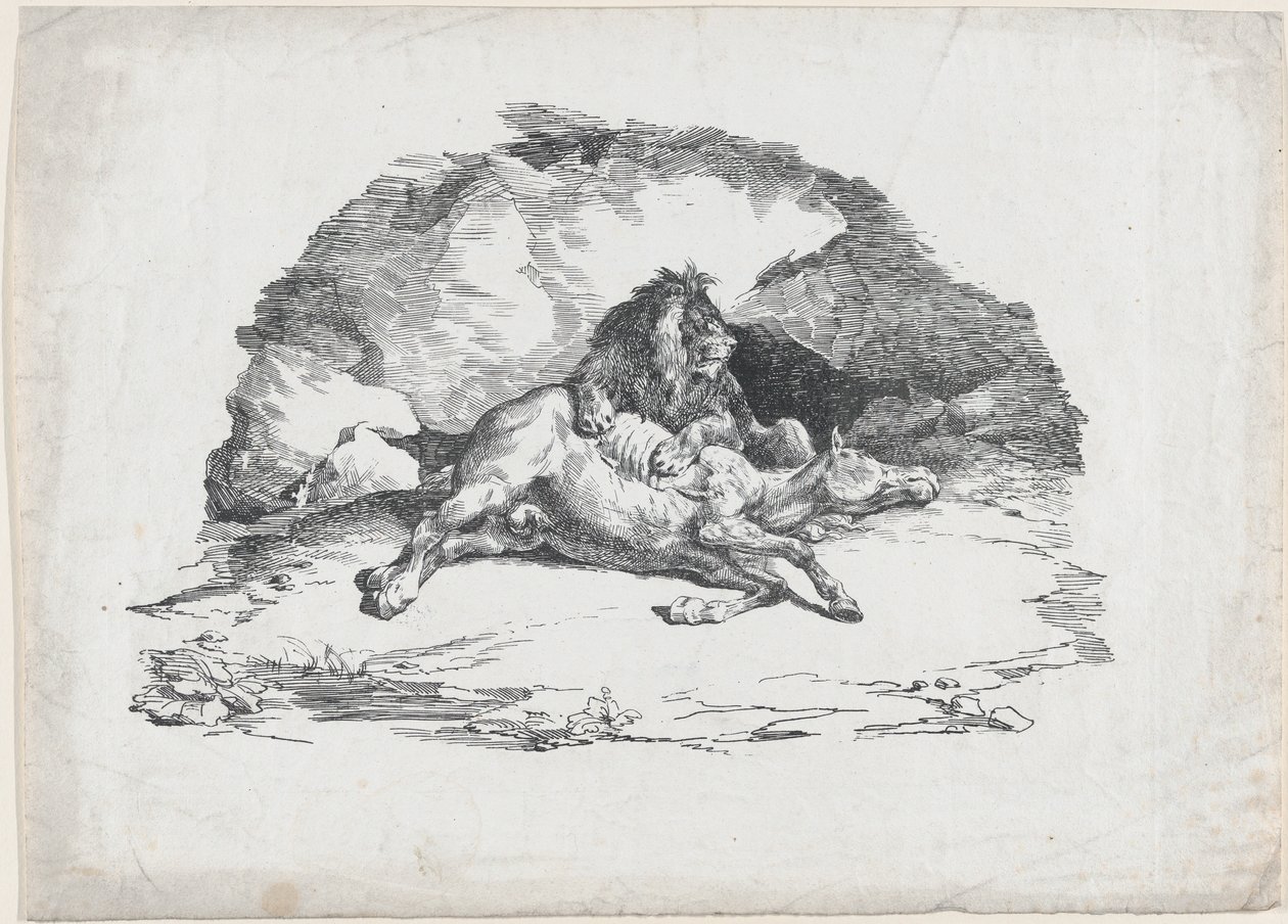 Leeuw die een paard verslindt door Theodore Gericault