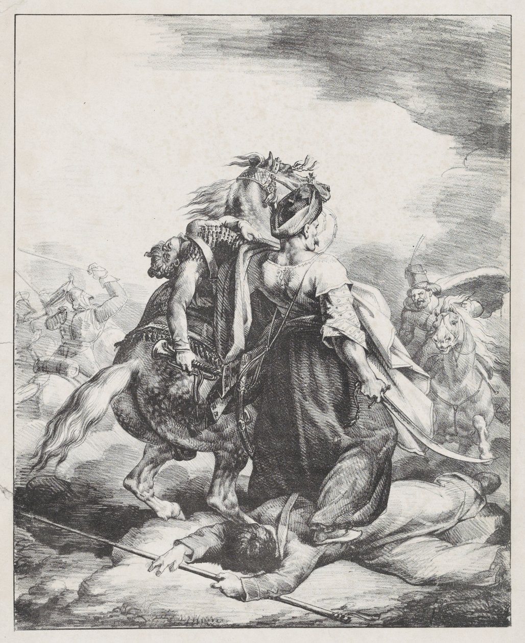 Een Mameluk van de keizerlijke garde die een gewonde trompettist verdedigt tegen een Kozak (Een Egyptische Mameluk die een gewonde Franse trompettist verdedigt bij Waterloo) door Theodore Gericault