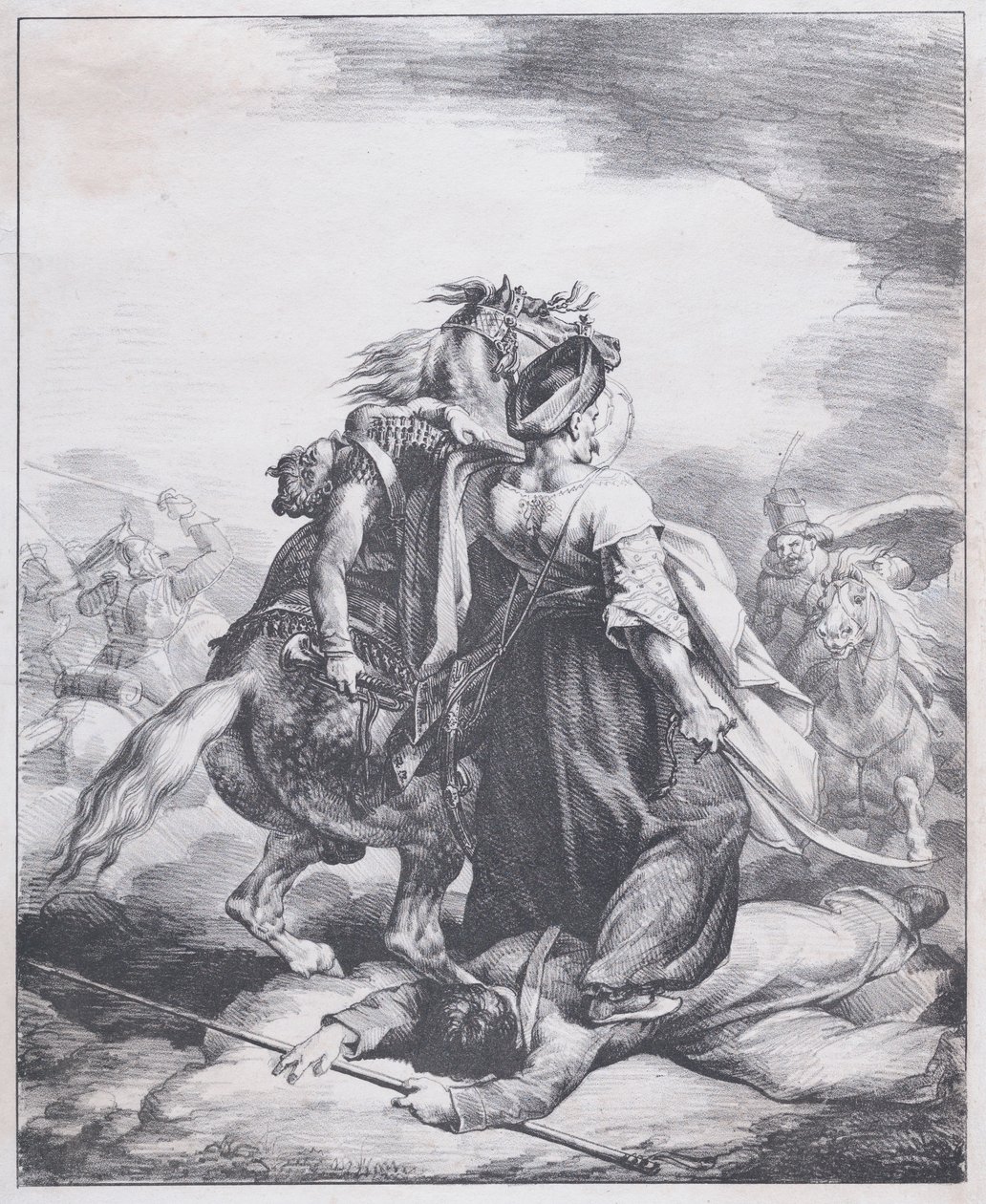 Een Mamluk die een gewonde trompettist verdedigt door Theodore Gericault