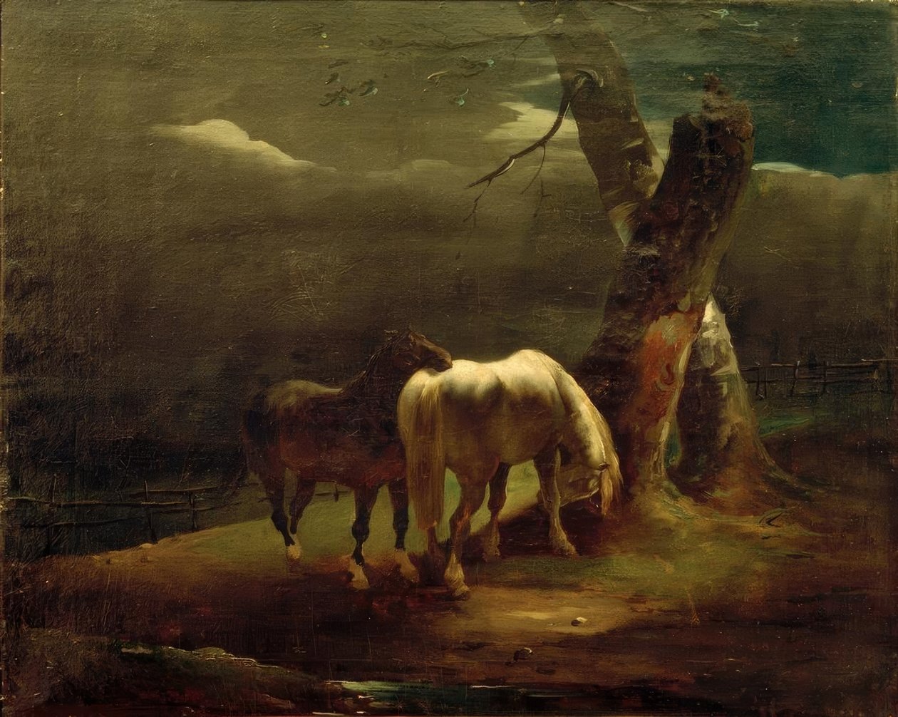 Paarden in de wei door Theodore Gericault