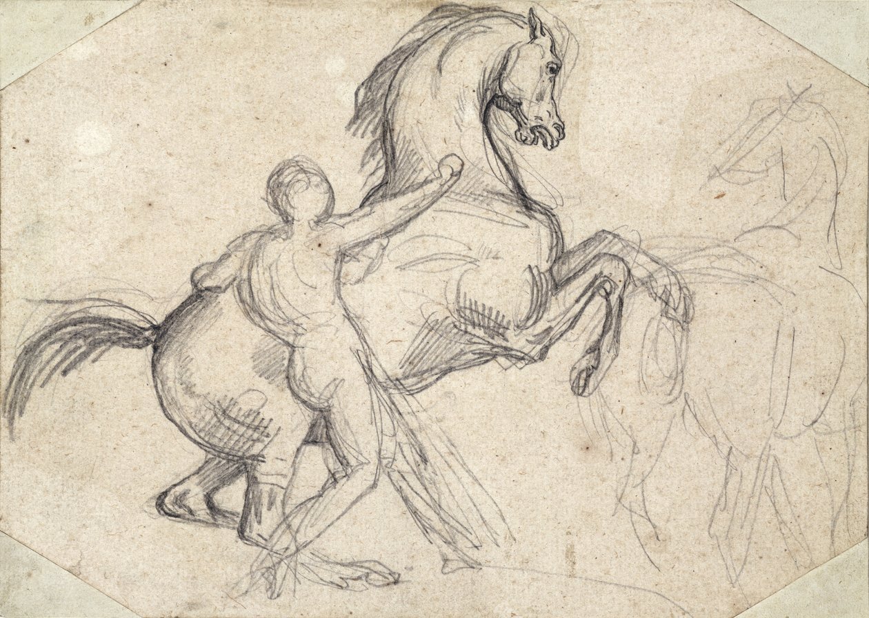 Steigerende hengst vastgehouden door een naakte man door Theodore Gericault