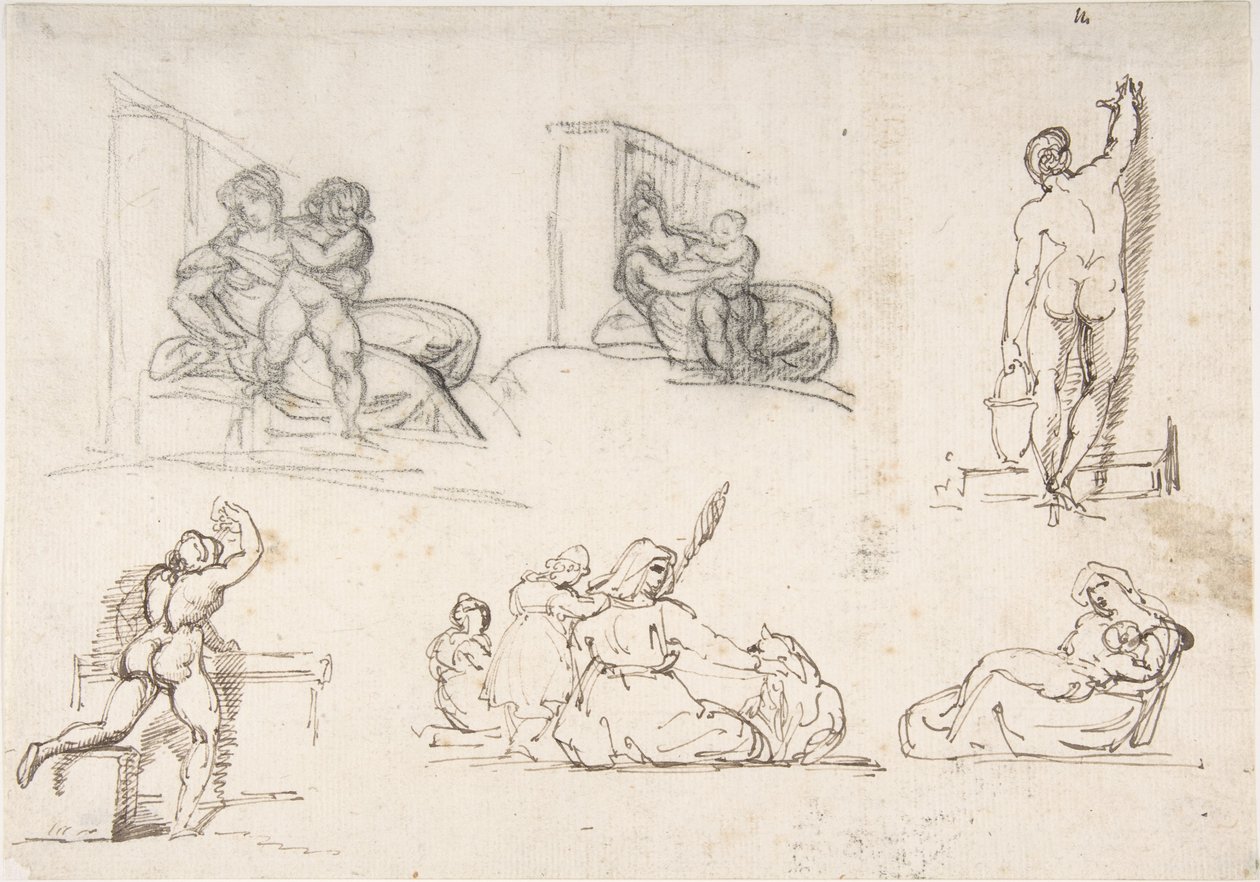 Zes figurale studies, waaronder vier voor „De arme Italiaanse familie“ door Theodore Gericault