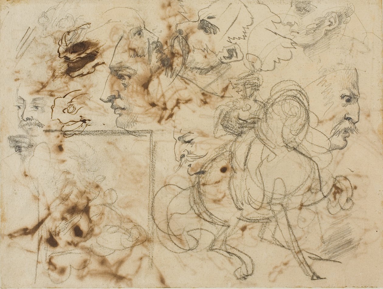 Schetsen van mannengezichten, paardenmuilen en bereden soldaten door Theodore Gericault