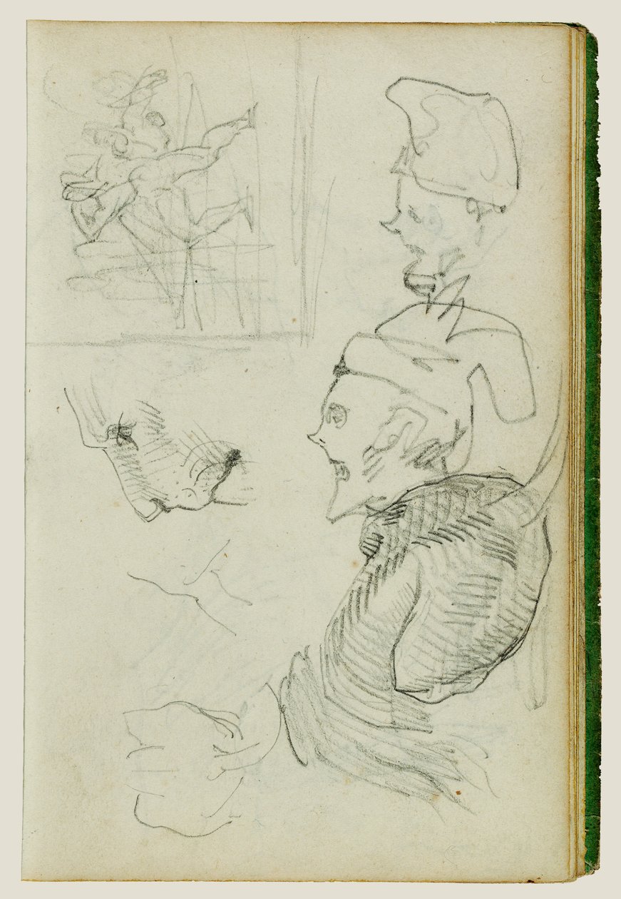 Studies van leeuw, compositorische groepsfiguurstudie, twee karikatuurkopstudies door Theodore Gericault