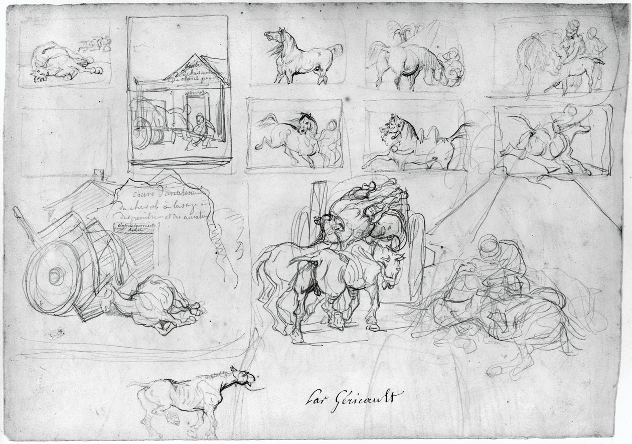 Afbeelding van paarden (voorkant); Een wagen gevolgd door een borddrager (achterkant) door Theodore Gericault