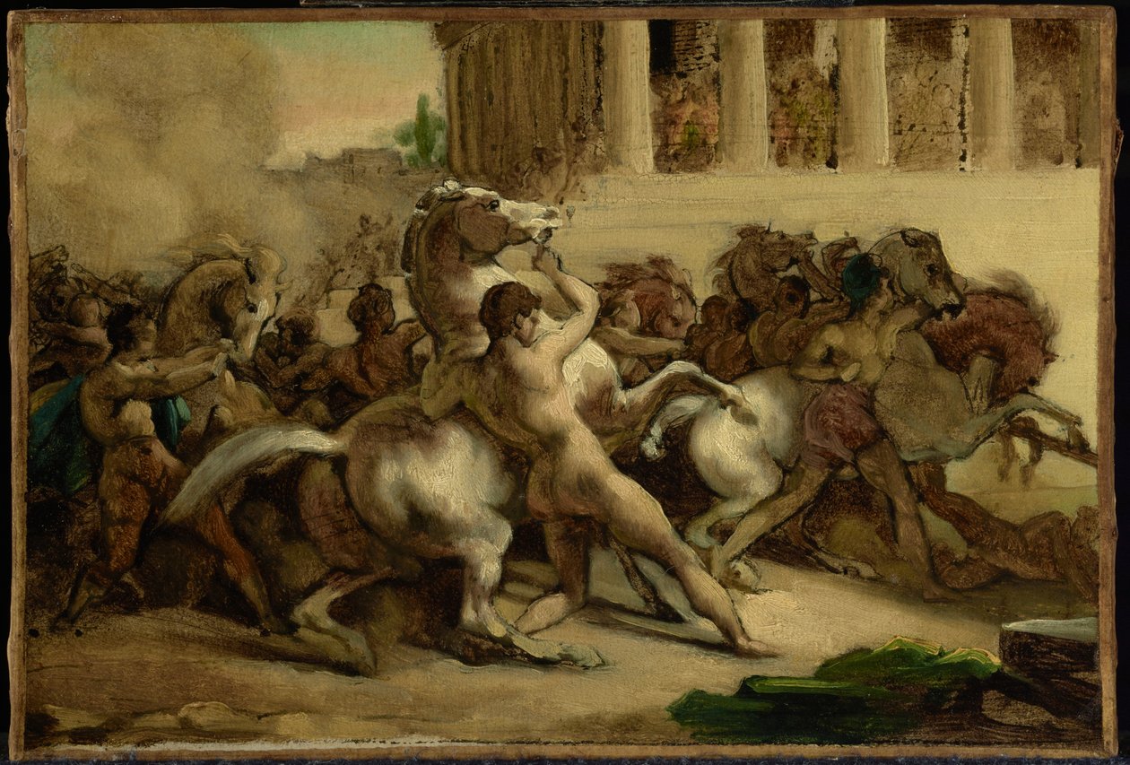 De race van de paarden zonder ruiter door Theodore Gericault