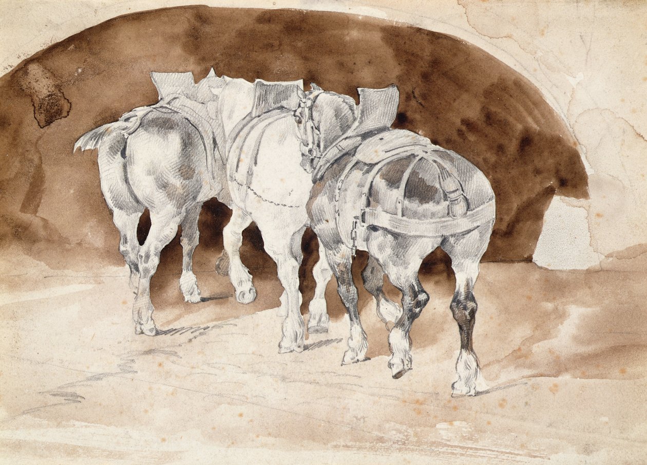 Drie zware paarden in harnas door Theodore Gericault