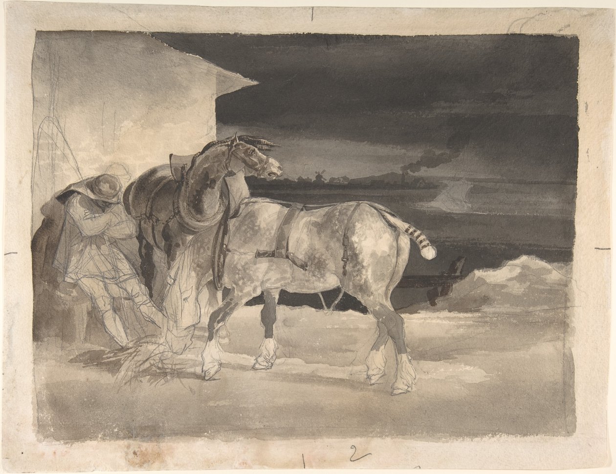 Twee trekpaarden met een slapende koetsier door Theodore Gericault