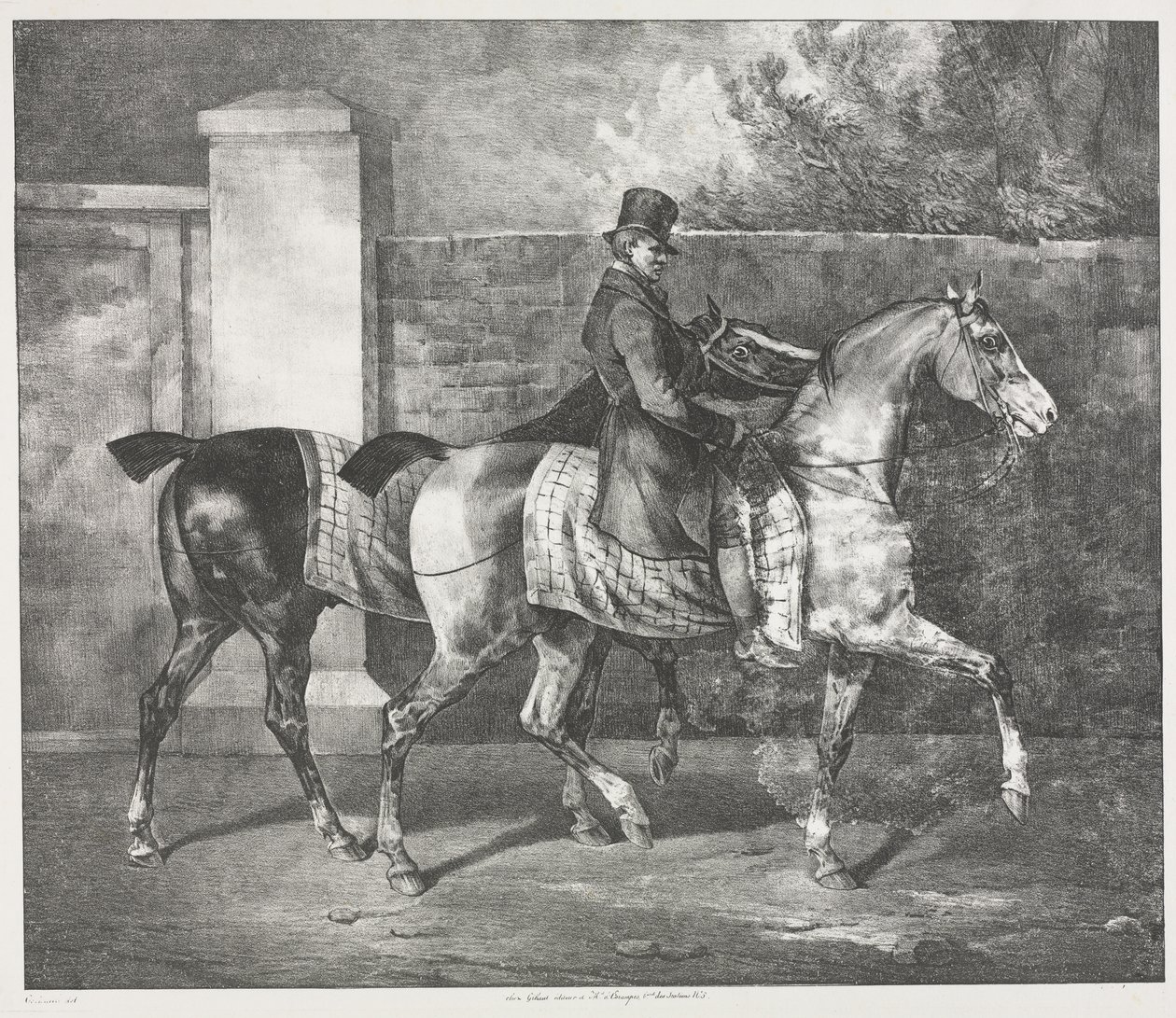 Twee paarden die door een jockey worden getraind door Theodore Gericault