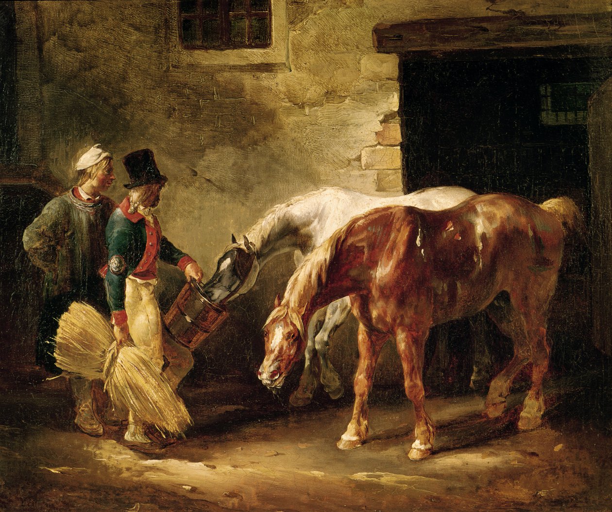Twee postpaarden bij de deur van een stal door Theodore Gericault