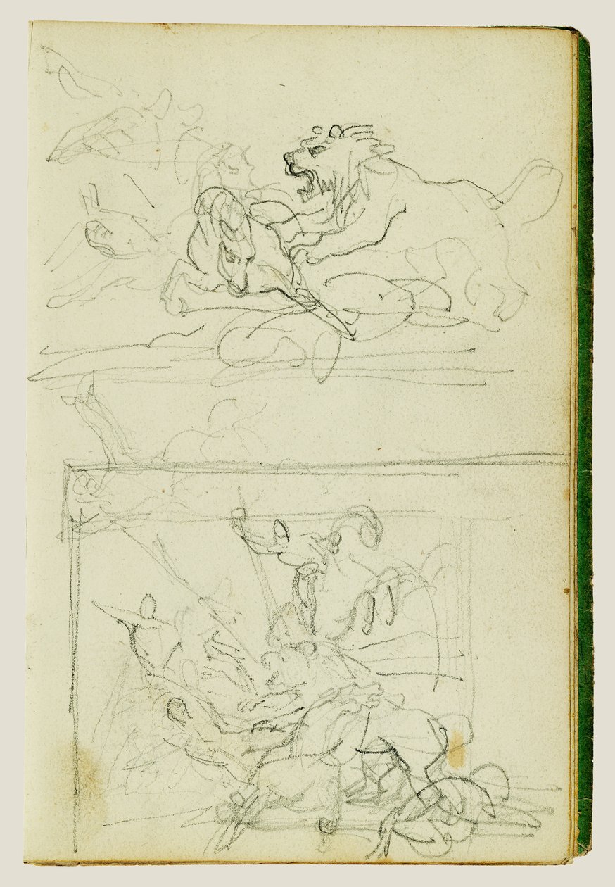 Twee compositiestudies van een leeuwenjacht door Theodore Gericault
