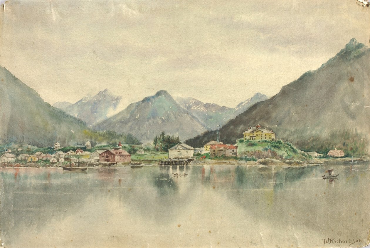 Sitka vanaf de eilanden, met het Russische kasteel door Theodore J. Richardson