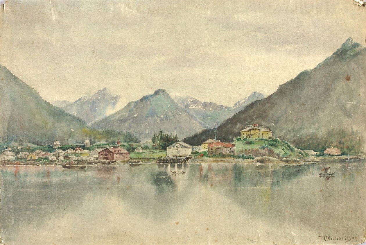 Sitka vanaf de eilanden, met Russisch kasteel, 1888 door Theodore J. Richardson