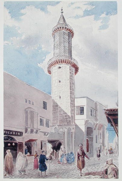 De minaret van de moskee aan Rue de Chartres en Rue Bab-Azoun, Algiers door Theodore Leblanc