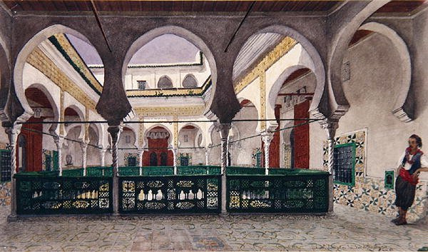 Uitzicht op een binnenplaats van een huis in Algiers, ca. 1830 door Theodore Leblanc