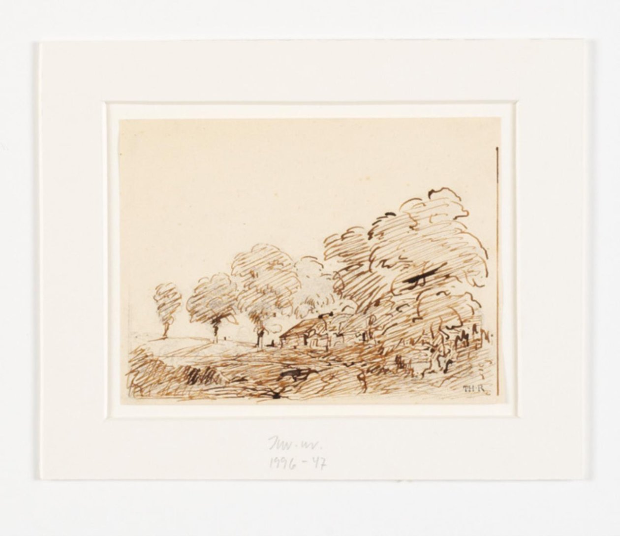 Landschap met hut onder hoge bomen door Theodore Rousseau