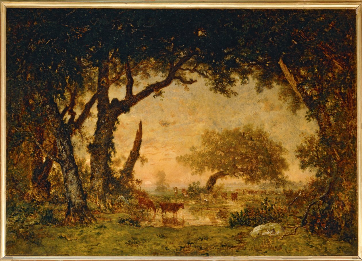 Uitgang van het bos bij Fontainebleau, zonsondergang... door Theodore Rousseau
