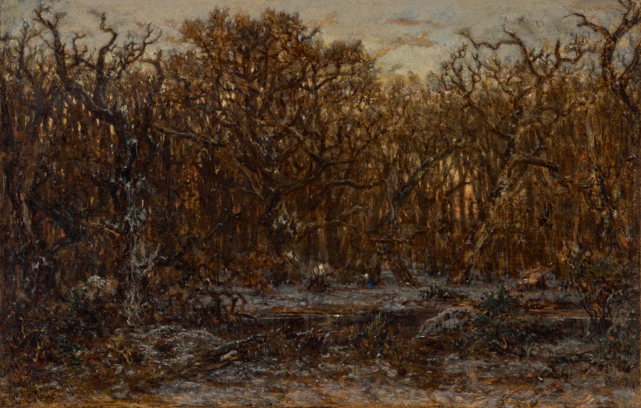 Bos bij zonsondergang in de winter door Theodore Rousseau
