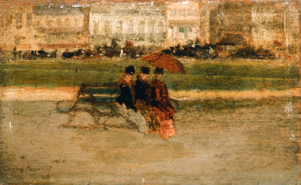 Dames gezeten op een strand bij Cannes (olieverf op board) door Theodore Roussel