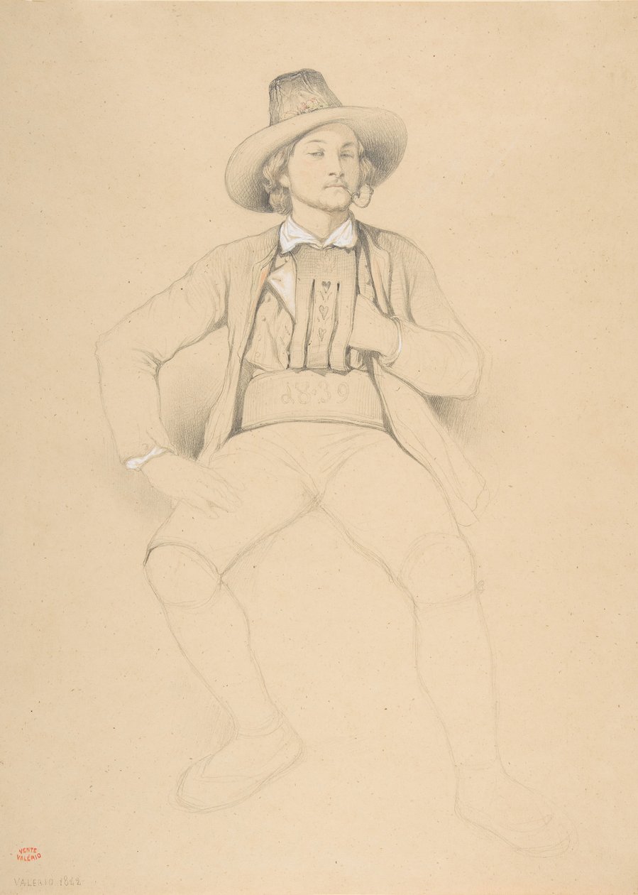 Een man in Tiroler kostuum, zittend, een pijp rokend door Theodore Valerio