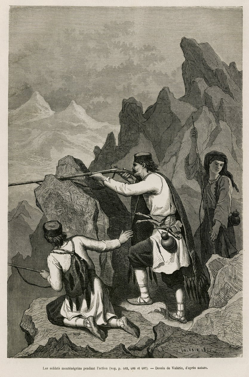 De Montenegrijnse soldaten tijdens de actie, tijdens de Oorlog van 1876, waarbij Servië en Montenegro de oorlog verklaarden aan Ottomaans Turkije, tekening door Valerio, ter illustratie van de reis naar Montenegro in 1874 door Charles Yriarte (1832-1898).  door Theodore Valerio