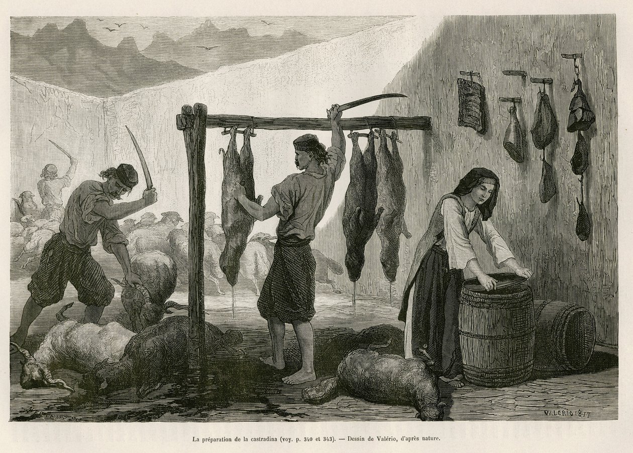 De voorbereiding van de castradina, specialiteit van gezouten en gerookt schapen- en geitenvlees, tegen het einde van oktober, in Dalmatië (Istrië en Herzegovina (Kroatië)), tekening door Valerio, ter illustratie van de reis naar Montenegro, in 1874, door  door Theodore Valerio
