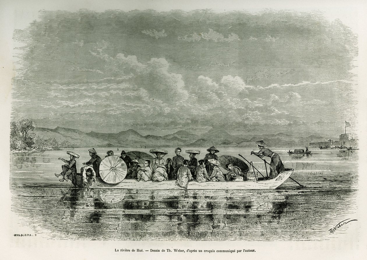 Een boot op de rivier van Hue (Vietnam), tekening door Th. Weber, ter illustratie van het verhaal van acht dagen ambassade in Hue (Koninkrijk Annam), in 1875, door Mr. Brossard de Corbigny, luitenant (N), verbonden aan de missie. Gravure in 