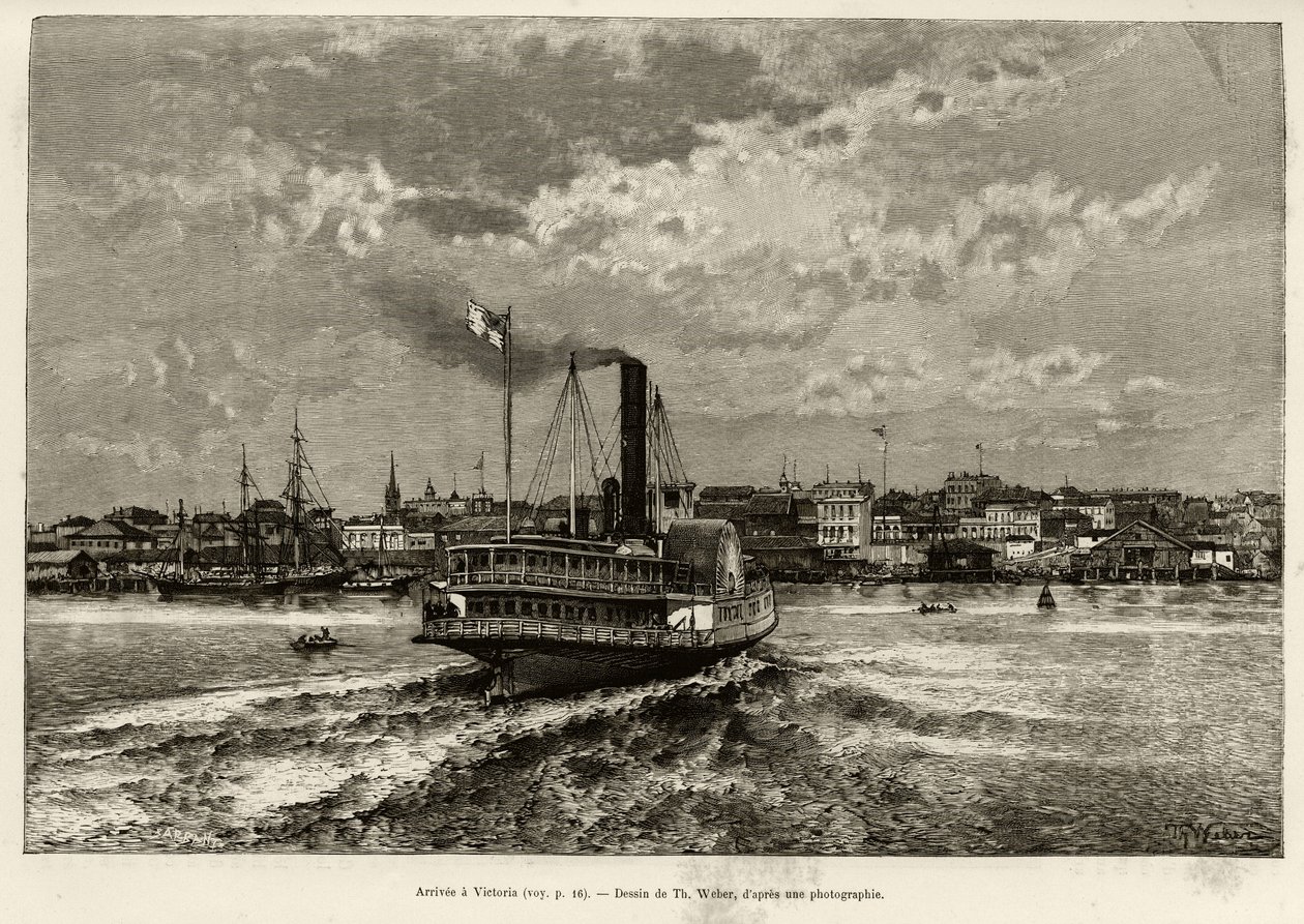 Aankomst in Victoria, Canada. Gravure door Th. Weber, ter illustratie van het verhaal 
