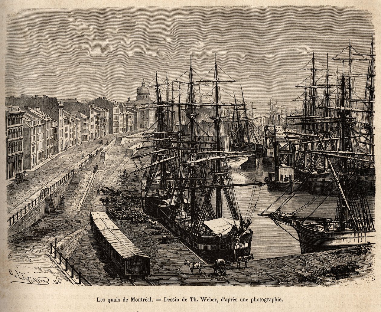 De kades van Montreal. Gravure naar een tekening van Th. Weber. door Theodore Weber