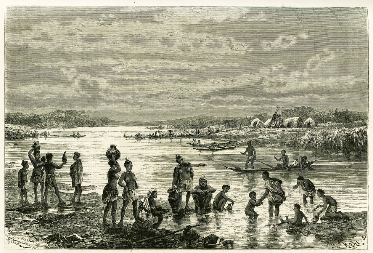 Leven aan de oevers van de Zambeze-rivier, de marutses zijn zeer bezorgd over hun netheid en wassen is voor hen een activiteit van eerste noodzaak. Gravure van Th. Weber, ter illustratie van het verhaal 