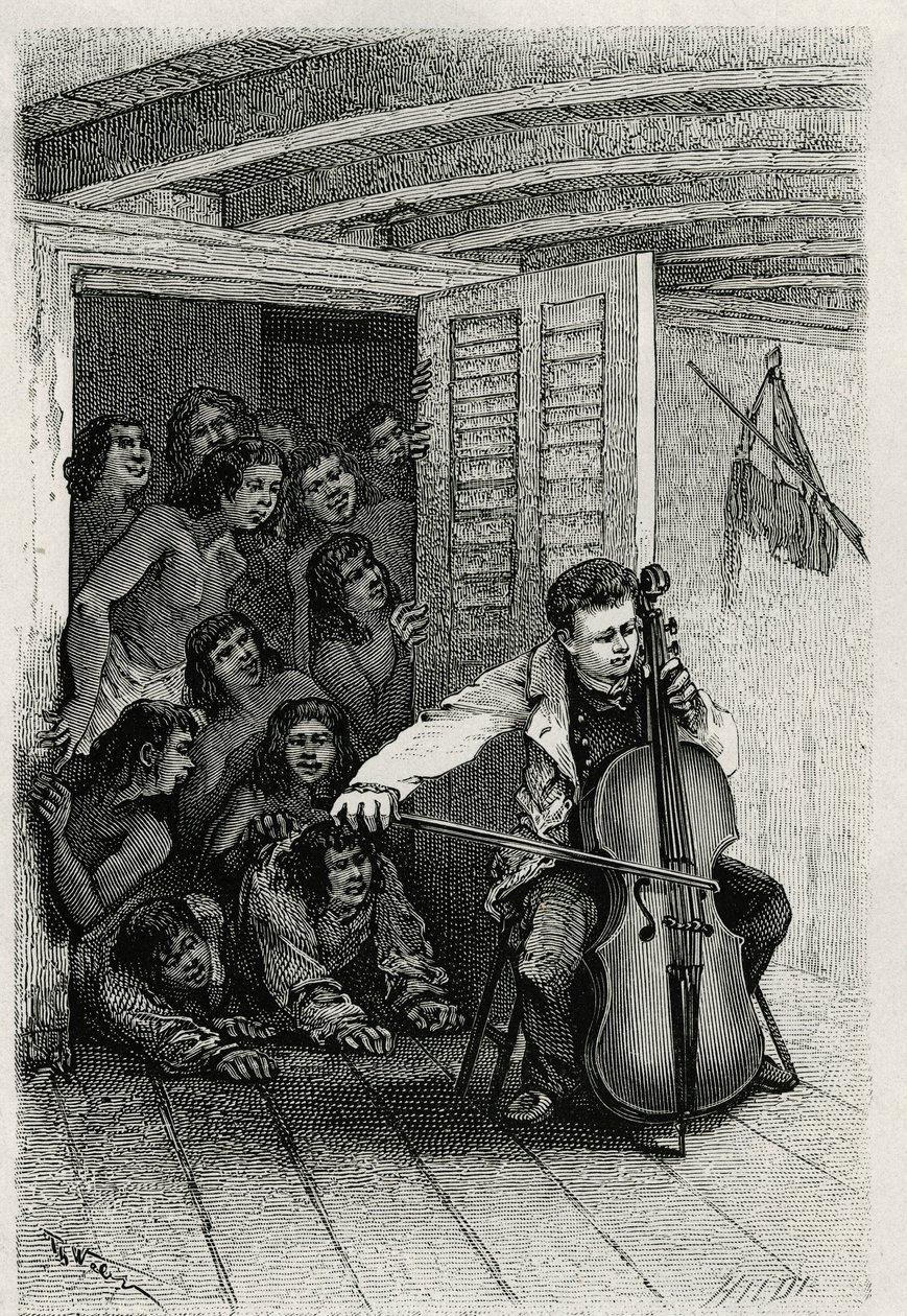 Portret van de reiziger auteur, die cello speelt en een publiek van nieuwsgierigen aantrekt. Gravure door Th.Weber, ter illustratie van het verhaal 