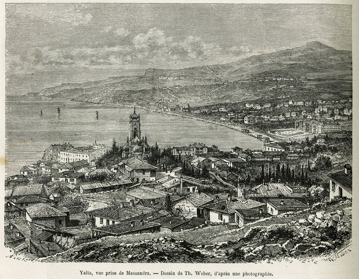 De stad Jalta, genomen vanuit Massandra, tekening door Th. Weber, ter illustratie van het verhaal Vier Maanden in Rusland, in 1876, door F. De Mely. Gravure in Le tour du monde. door Theodore Weber