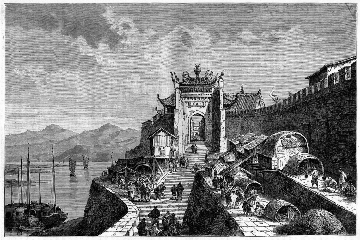 Uitzicht op de Shanghai-poort aan de Huangpu-rivier, China in de jaren 1870-1880. Gravure naar een tekening van Weber, in 