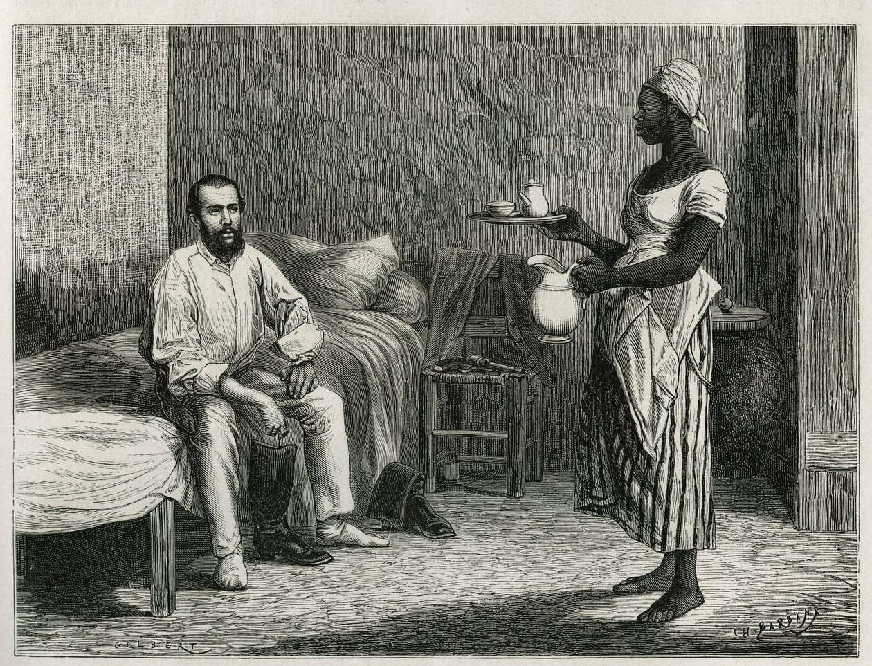 Portret van de auteur en reiziger, bij het ontwaken, bediend met koffie in zijn kamer door een jonge Haïtiaanse vrouw, gravure door T. Wust, illustratie van het verhaal La republique d