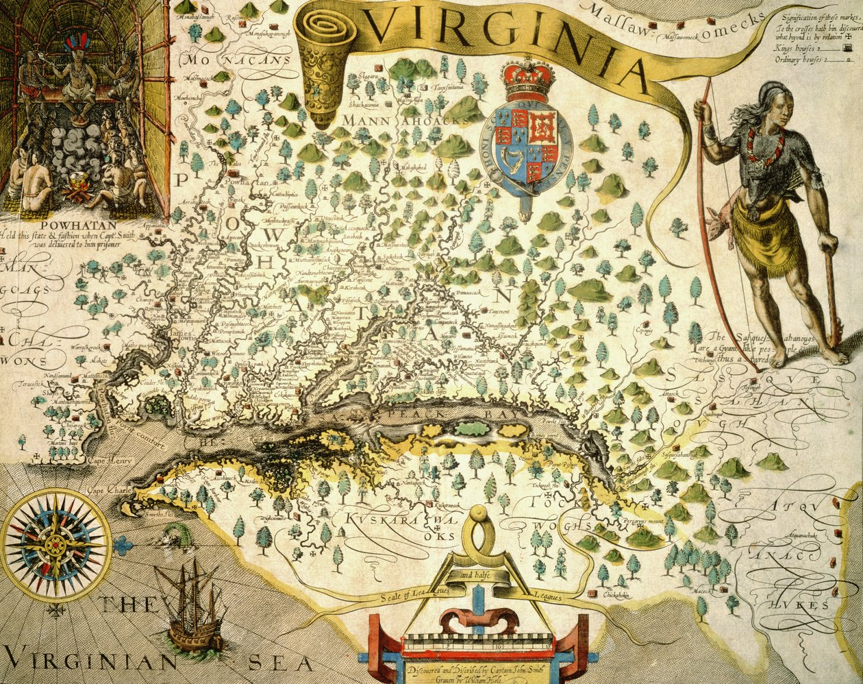 Kaart van Virginia, met linksboven een afbeelding van Chief Powhatan door John Smith (1580-1631) 1624 (handgekleurde gravure) door Theodore de (after) Bry