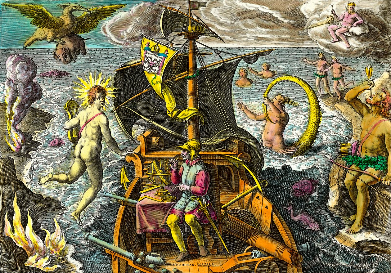 Allegorie over de reizen van de navigator Fernand de Magellan, afgebeeld op zijn schip met een armillairsfeer en omringd door mythologische figuren en fantastische dieren. Gravure uit "Admirante Narratio Americae" door Theodore de Bry door Theodore de Bry
