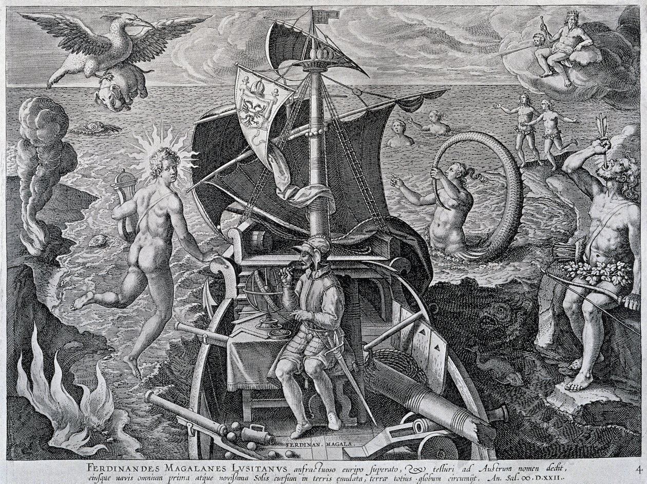 Allegorie op de reizen van Ferdinand Magellaan (1480-1521) door Theodore de Bry